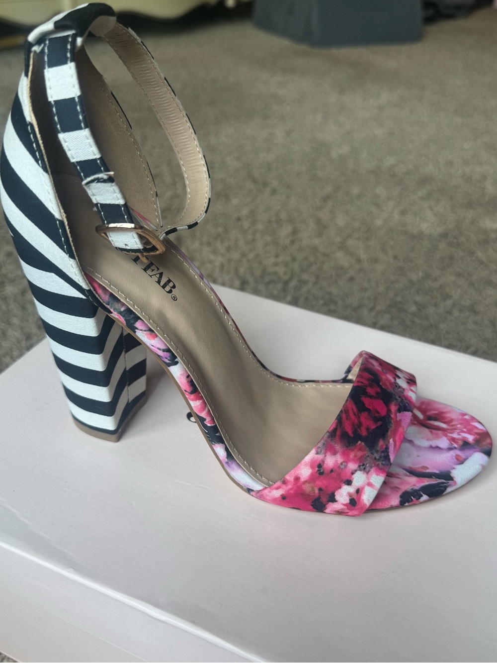 JustFab Pink Floral and Black-White Stripe Block Heel Sandal